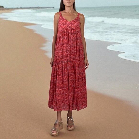 JOIE BONDI V-NECK TIERED SLEEVELESS MIDI DRESS - Picture 1 of 7